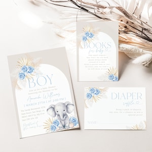 Ensemble d'invitations numériques modifiables pour baby shower, c'est un garçon, roses bleues et modèle d'invitation imprimable bohème herbe de la pampa, tombola de couches