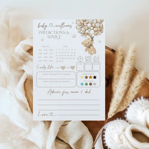 Carte de jeu de pronostics pour bébé, carte imprimable prédictions et conseils pour baby shower ours ballon, jeu de devinettes personnalisé pour bébé, sexe neutre