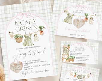 Zestaw zaproszeń na baby shower dla dziewczynki z lokalnie uprawianej rośliny, szablon do edycji kokardki z warzywami z targu rolniczego