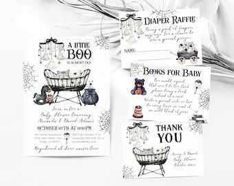 Little Boo babyshower uitnodigingsbundel, gotische kinderkamer, neutraal (digitale bewerkbare sjabloon)