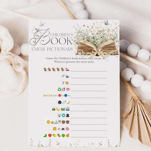 Juego de emojis para baby shower, tarjeta de juego para baby shower "Nuevo capítulo", juego imprimible para baby shower con cuentos, libro vintage con temática de flores silvestres digital