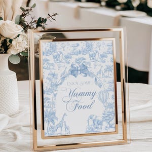 Food Sign Blue Toile Safari Baby Boy Shower, French Toile De Jouy Food Table Sign to Edit, Baby Shower Sign Printable, Safari Animal