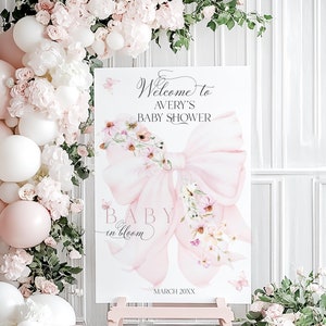 Baby in Bloom Wild Flower Welcome Sign, Blush Pink Floral Bow Baby Girl Shower Sign, Baby Butterfly Welcome Banner, Digital Sign Template