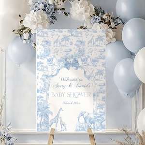 Blue Toile Safari Baby Shower Welcome Sign, Vintage French All Blue Floral Bow Welcome Banner, Safari Animal Theme, Toile De Jouy Printable