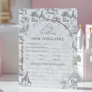 Toile-safari babyshower voorspellingen Game Card, tabel babyshower adviesspel afdrukbaar, genderneutraal safaridier Toile de Jouy Frans