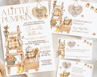 A Little Pumpkin Baby Shower Invitation Budnle, Rustic Fall Editable Canva Invitation Template, Fall Locally Grown Themed, Neutral Pumpkin