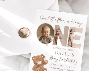 Little Bear First Birthday Invitation with Photo, Editable Teddy Bear Neutral Birthday Invite, Beary First Birthday Party Invite