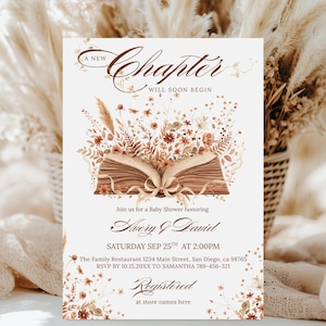 New Chapter Begin Baby Shower Invitation, Fall Theme Wildflower Books Printable Baby Girl Shower Invite, Editable Canva Template,