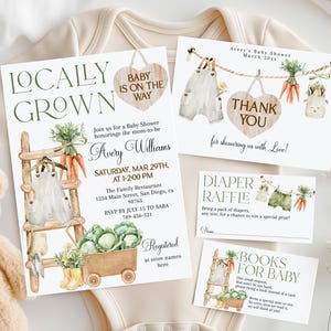 Locally Grown Rustic Baby Shower Invitation Bundle, Farmers Market Phone Evite, Country Farm Veggies Editable Template, Cute Locally Grown