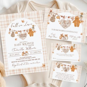 May include: A baby shower invitation set with a teddy bear theme. The invitation features a plaid background, with text that reads "Fall in Love" and "Baby Shower". The set includes thank you cards and other inserts. A teddy bear and a onesie are also in the image.