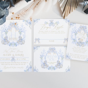 Pacchetto modificabile di invito per baby shower per ragazzo, invito digitale con stemma monogramma blu, invito vintage per cavallo a dondolo orsacchiotto Download istantaneo