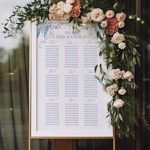 Bord tafeltafel blauw en bruin toile babyshower, vintage bord afdrukbaar met bloemen, klassiek elegant babyshower-bordje