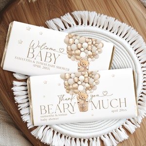 Editable Chocolate Wrappers Baby Shower Bar Favors, Bear Theme Baby Shower, Printable Instant Download, Thank you Beary Much Favor Lable