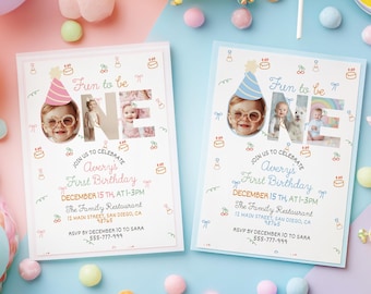 Fun To Be One Birthday Invitation, Colorful Printable Template (Digital Download)