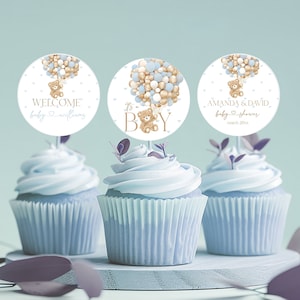 Bär Blauer Ballon Cupcake Toppers, druckbare Junge Babyparty Cupcake Toppers, bearbeitbare Beige Blaue Bär Babyparty Toppers Herunterladen