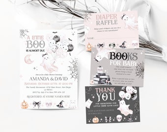 Puede incluir: Una colección de papelería para baby shower con temática de Halloween. Los diseños presentan fantasmas, globos, telarañas y la frase "A Little Boo is Almost Due". Incluye invitaciones, tarjetas de rifa de pañales, tarjetas de solicitud de libros y tarjetas de agradecimiento.