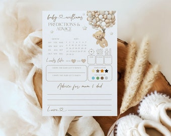 Baby Predictions Game Card, Bear Balloon Baby Shower Predictions & Advice Printable Card, Personalized Baby Guessing Game, Gender Neutral