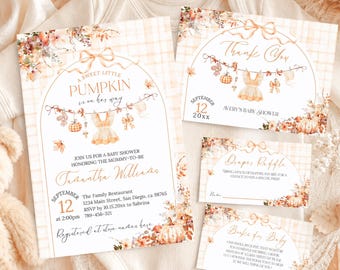 May include: A baby shower invitation set featuring a light orange plaid background with watercolor pumpkin and floral illustrations. The text reads A Sweet Little Pumpkin is on her way, Thank You, Diaper Raffle, and Books for Baby.