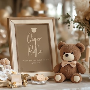 Letrero para baby shower con diseño de oso marrón y rifa de pañales, podemos esperar, letrero para baby shower con diseño bohemio minimalista y moderno, oso de género neutro