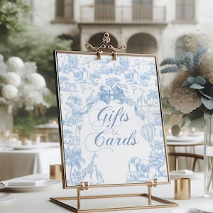 Cadeau- en kaartbord blauwe toile-safari babyshower babyshower, Franse Toile de Jouy-tafelbord om te bewerken, bord babyshower afdrukbaar, safaridier