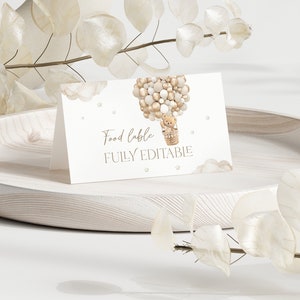 Etiqueta de comida para chá de bebê com balão de urso editável, podemos esperar, modelos digitais Boho Neutral Bear, etiqueta de comida para chá de bebê imprimível