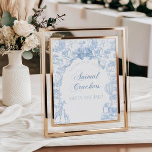 Bordje dierlijke cracker en antwoordkaart raden, blauwe toile-safari babyshower babyshower, Frans toile de-jouy-bord, bord safaridieren afdrukbaar