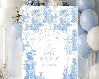Dusty Blue Toile De Jouy Safari Baby Shower Welcome Sign, Safari Animal Baby Boy Shower Digital Sign, Elegant Toile Print Editable Template