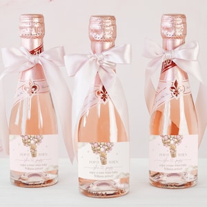 Estale quando ela estourar etiquetas e etiquetas, chá de bebê de ursinho de pelúcia rosa menina, balão de ar quente de urso, etiquetas de lembrancinhas de chá de bebê, rótulos de vinho champanhe