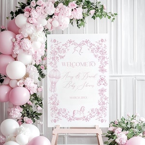 Cartello di benvenuto per baby shower in toile de jouy rosa, cartello per baby shower con fiocco floreale, cartello elegante per feste stampabile, poster per baby shower in toile de jouy rosa