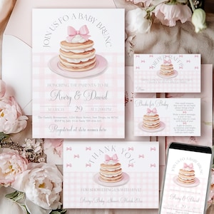 Pfannkuchen-Baby-Dusche-Einladungs-Bundle, Baby-Brunch-Rosa-Bogen-Baby-Dusche-bearbeitbare Vorlage-Download, Baby-Spray, rosa Schleifen-Thema
