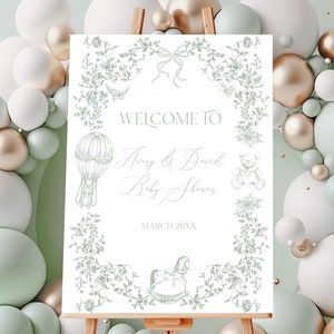 Salbei grün Toile Baby Shower Willkommensschild, klassisches Teddybär Baby Shower Schild, elegantes Vintage Blumen Party Poster, druckbares Schild