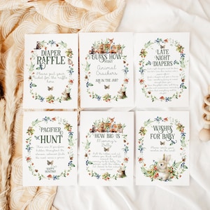 Paquete de letreros de juego para baby shower de bosque, plantilla de juego editable, letrero y boleto, baby shower de bosque neutral de aventura, animales del bosque