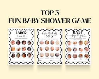 Zestaw zabawnych, minimalistycznych gier na baby shower, nowoczesne czarno-białe piwo lub cyfrowy brzuszek dziecka