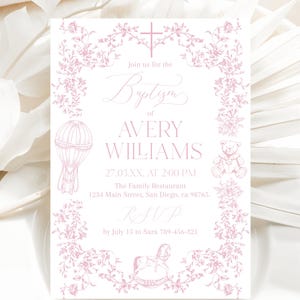 Pink Toile Girl Baptism Invitation Template, Elegant French Toile Christening Invite, Elegant Chinoiserie Baby Girl Baptism Digital Invite