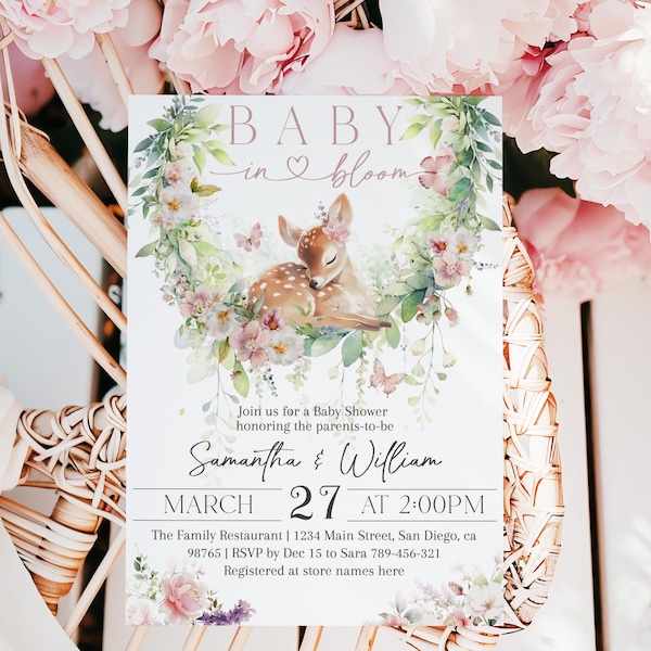 Baby in Bloom Deer Baby Girl Shower Invitation, Woodland Baby Shower Editable Template, Spring Pink Floral Baby Girl Digital Invite