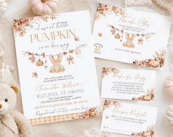 May include: A baby shower invitation set featuring a pumpkin theme with floral accents, a dress illustration, and text including A sweet little PUMPKIN is on her way, Thank You, Books for Baby, and Diaper Raffle, displayed with a teddy bear.