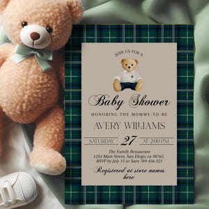 Invito baby shower "Polo Teddy Bear", invito digitale "Preppy Bear", baby shower di lusso per maschietto, modello modificabile in tartan classico a quadri