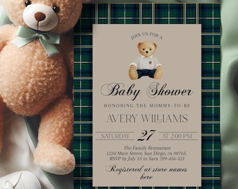 Invito per baby shower a tema orsetto, invito digitale per orsetto preppy, baby shower di lusso per maschietto, modello modificabile in tartan classico a quadri