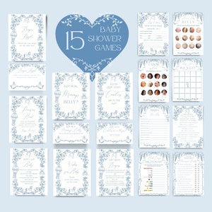 Bundel babyshowergames, jongens stoffig blauw toile-gamepakket, blauwe chinoiserie vintage strikspel afdrukbaar, elegante blauwe bloemen babyshowerspel