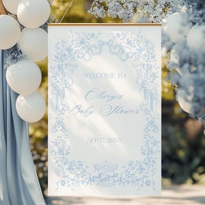 Editable Blue Toile Baby Boy Shower Welcome Sign, Vintage Teddy Bear Baby Shower Sign, Elegnt Toile Printable Poster, Digital Download