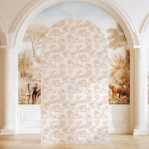 Tan Toile Arch Backdrop Digital, Elegant Safari Animal Baby Shower Party Props, Neutral Beige Toile Safari Party Prop Download
