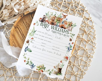 Juego de baby shower con temática de animales del bosque: tarjeta, consejos y predicciones (PDF)