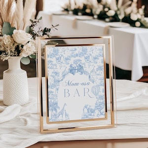Blue Toile Safari Baby Boy Shower Momosa Bar Sign, French Toile De Jouy Bar Sign, Baby Shower Sign Printable, Safari Animal BabyBoy Blue