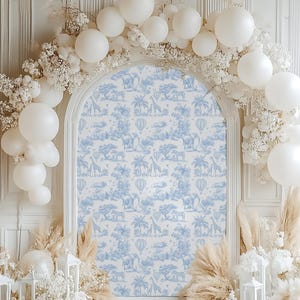Blue Toile Arch Backdrop Digital, Elegant Safari Animal Baby Boy Shower Party Props, All Blue Toile Safari Printable Party Prop Download