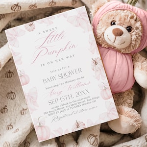 Pink Bow Pumpkin Baby Girl Shower Invites, Editable Pink Pumpkin Invitation Template, Little Pumpkin Pink Digital Invite, Canva Evite