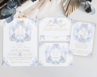 Editable Boy Baby Shower Invitation Bundle, Crest Monogram Blue Digital Invite, Teddy Bear Rocking Horse Vintage Invites Instant Download