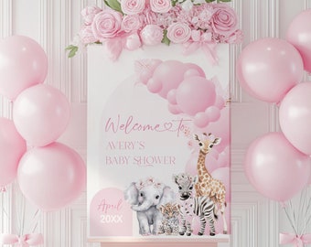 May include: Pink and white baby shower welcome sign with a giraffe, elephant, zebra, and lion. The sign says "Welcome to Avery's Baby Shower" and "April 20XX".