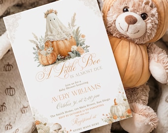 Boho Girl Little Boo Baby Shower Invitation, Ghost Pumpkin Halloween Canva Template (Digital Download Printable)