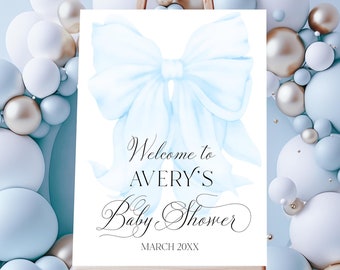 Welcome Sign Blue Bow Baby Shower, Minamal Baby Boy Shower Sign, Blue Bow Elegant Baby Shower Decor, Digital Welcome Banner Printable