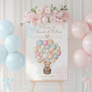 We Can Bearly Wait Gender Reveal Welcome Sign, Teddy Bear Hot Air Balloon, He or She Welcome Banner, Boy or Girl Party Editable Template